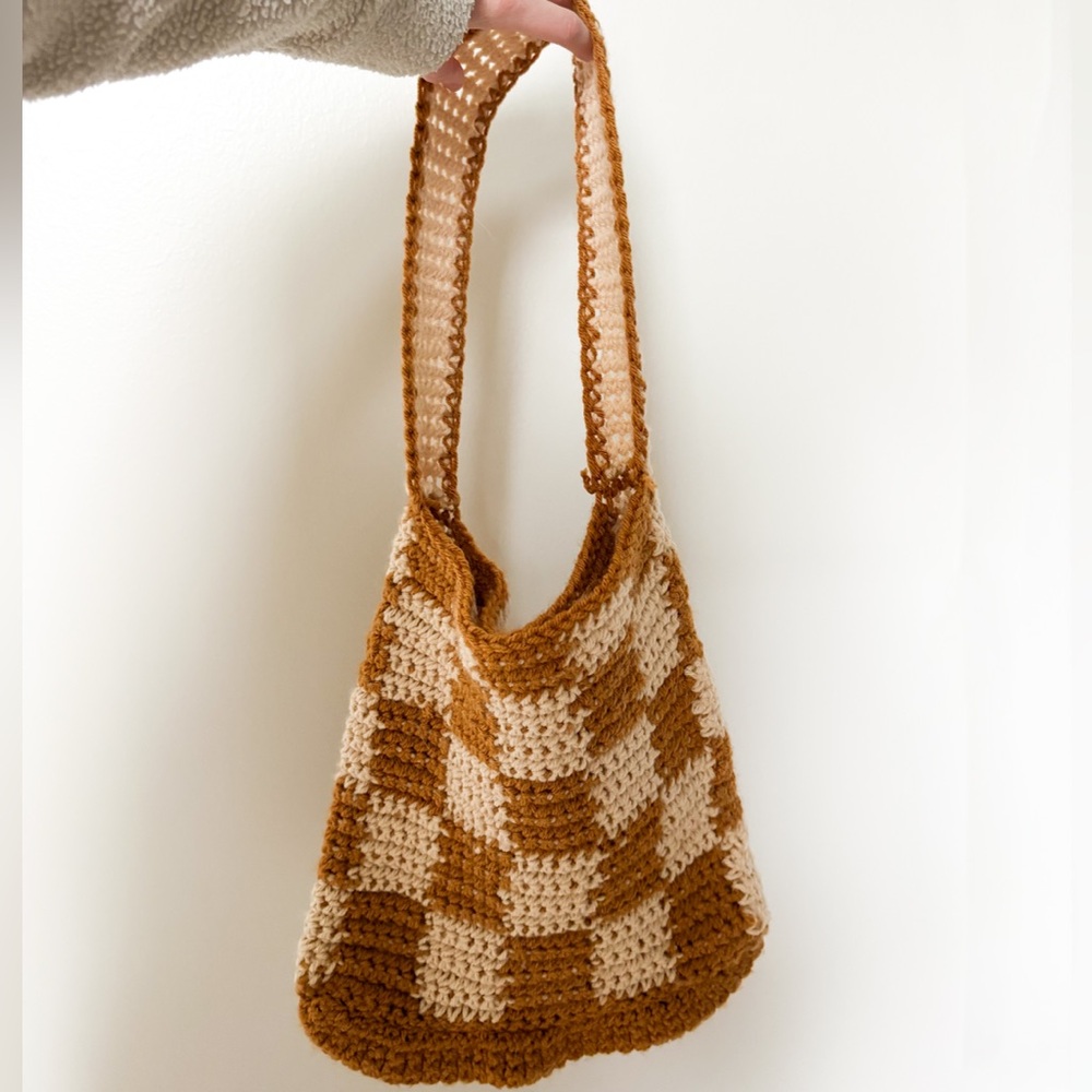 Handcrafted Tan and Cream Checkered Tote Bag